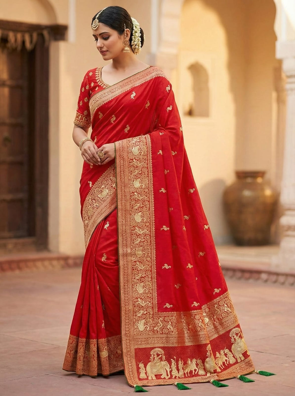 Elegant Weaves Traditional Red Silk Saree with Golden Embroidery