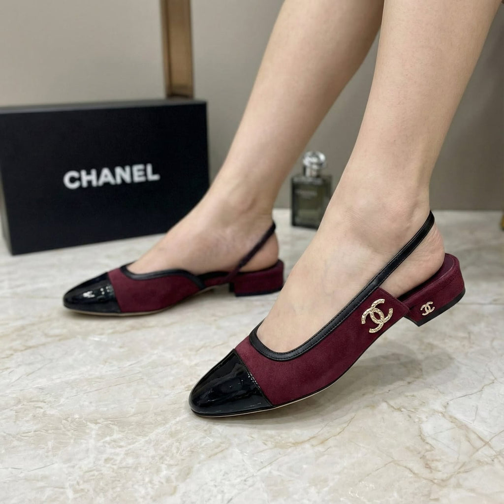 CHANEL Classic Slingback Flats in Burgundy Suede and Patent Leather