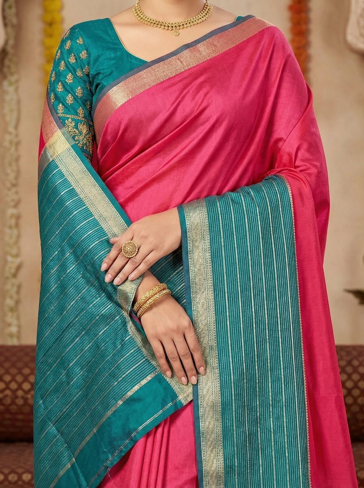 ELEGANT WEAVES Celestial Blush Cotton Silk Saree with Enchanted Teal Trim and Luxe Gold Accents