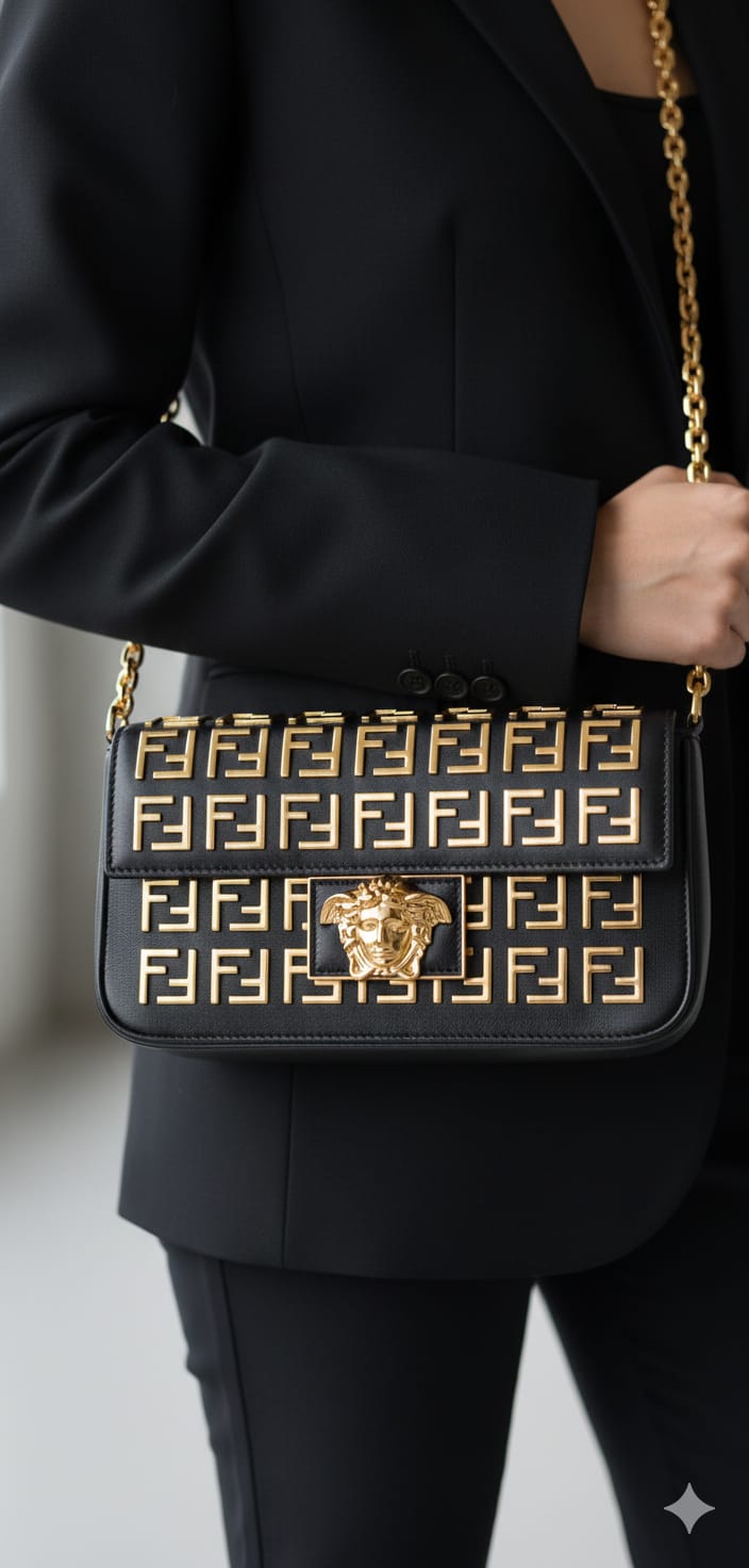 Fendi Monogram Mini Crossbody Bag with Gold Chain (IMPORTED)