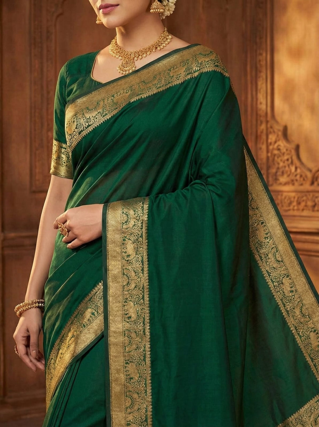Elegant Weaves Emerald Green Silk Saree with Gold Zari Border