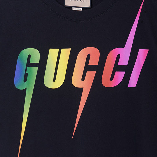 GUCCI Midnight Ink Oversized Short Sleeve Rainbow Lightning Logo Tee