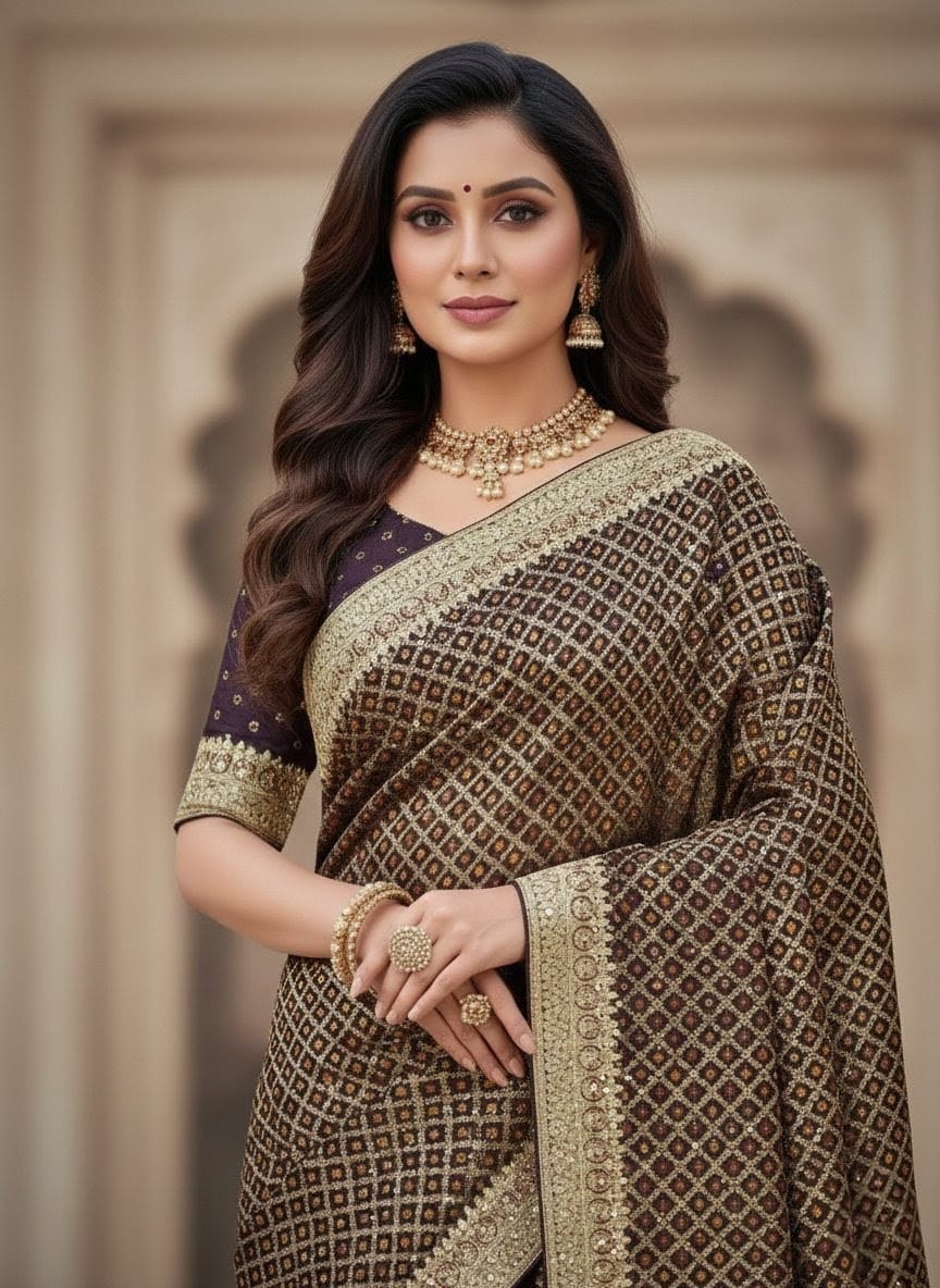 Elegant Attire Luxe Brown & Gold Embellished Saree
