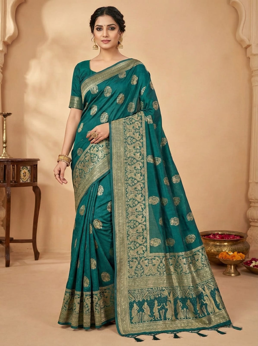Ethnic Elegance Teal Silk Saree with Gold Zari Work