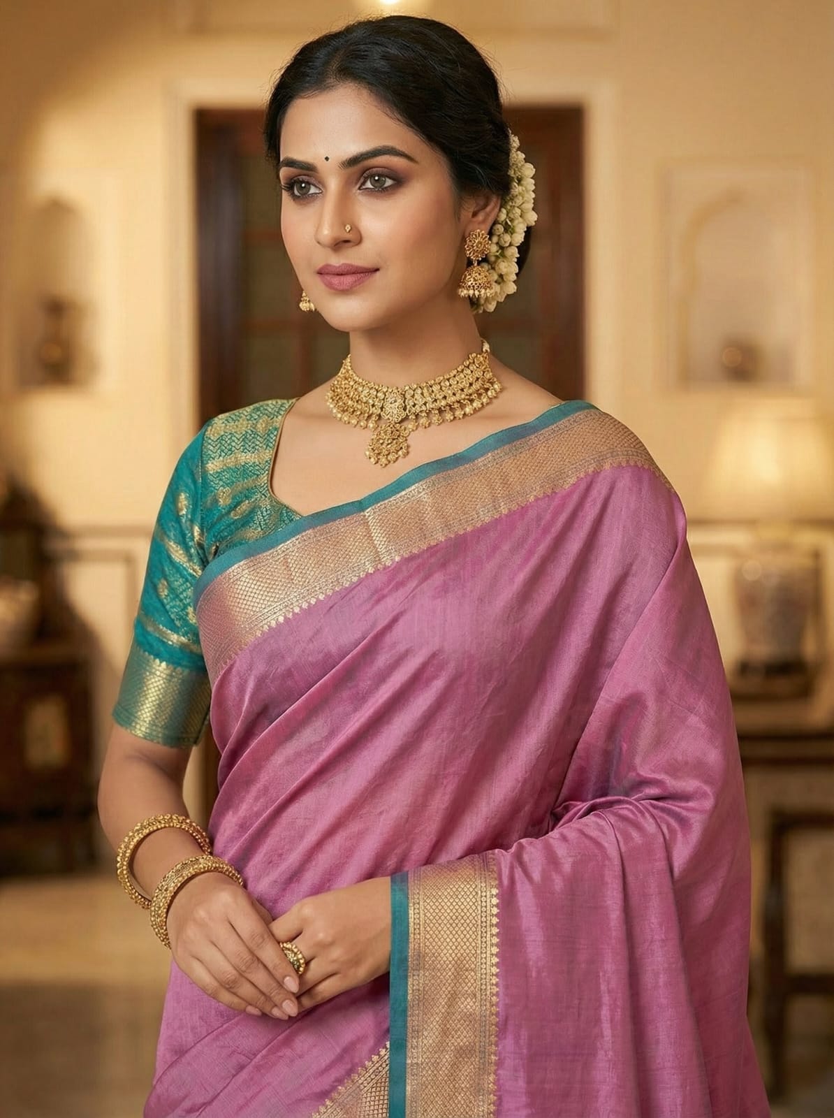 Elegant Drapes Pink and Teal Silk Saree with Gold Border