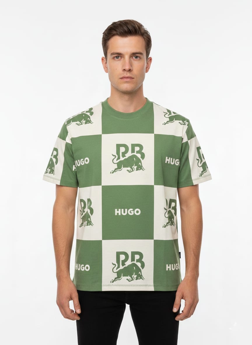 HUGO BOSS x RED BULL Graphic Checkerboard Print  Drop Shoulder T-Shirt