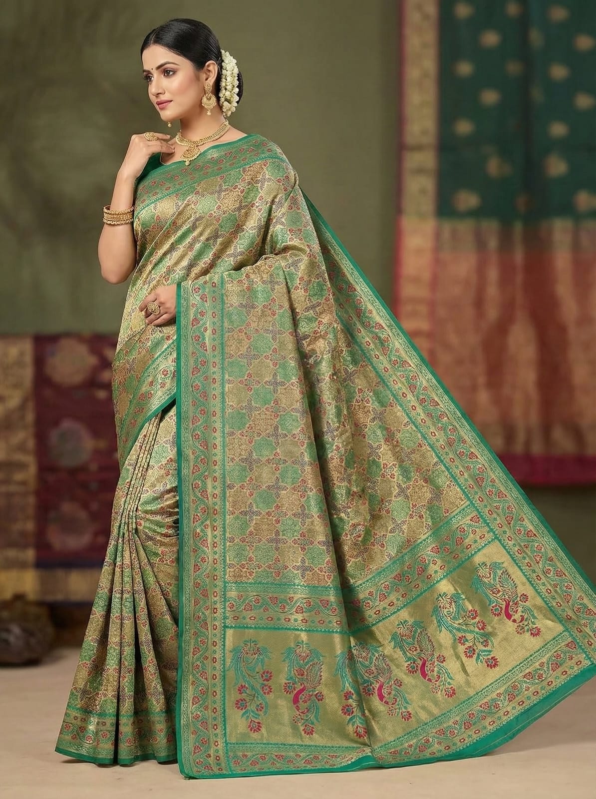 Elegant Weaves Regal Green Silk Saree with Intricate Embroidery