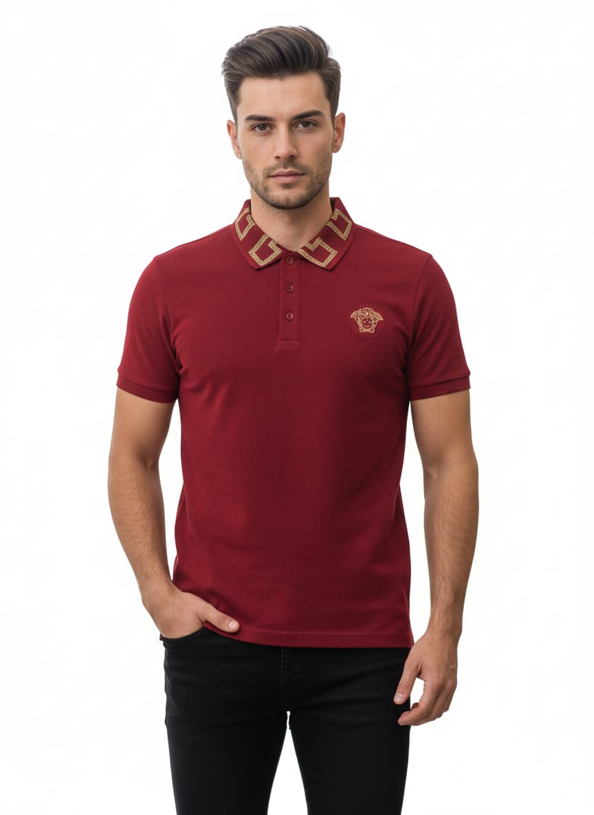 VERSACE Opulent Garnet Tailored Fit Short Sleeve Piqué Polo Shirt