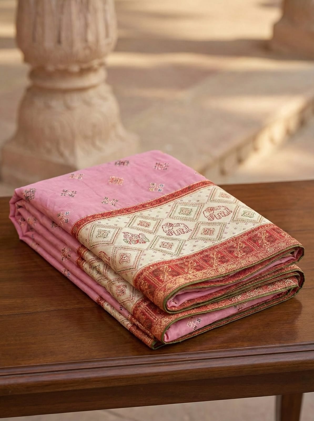 Elegant Weaves Pink Embroidered Silk Saree with Intricate Border