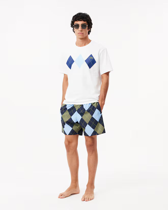 LACOSTE Cloud White Argyle Graphic Short Sleeve Tee