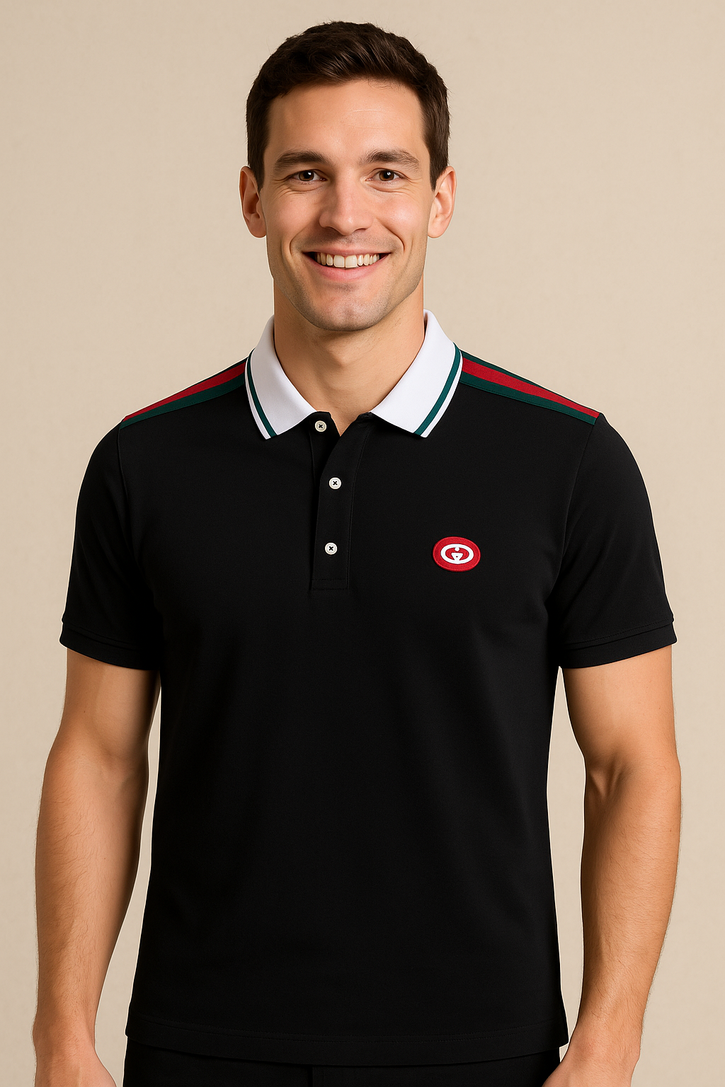 GUCCI Midnight Noir Slim Fit Polo Shirt with Crimson and Emerald Stripes