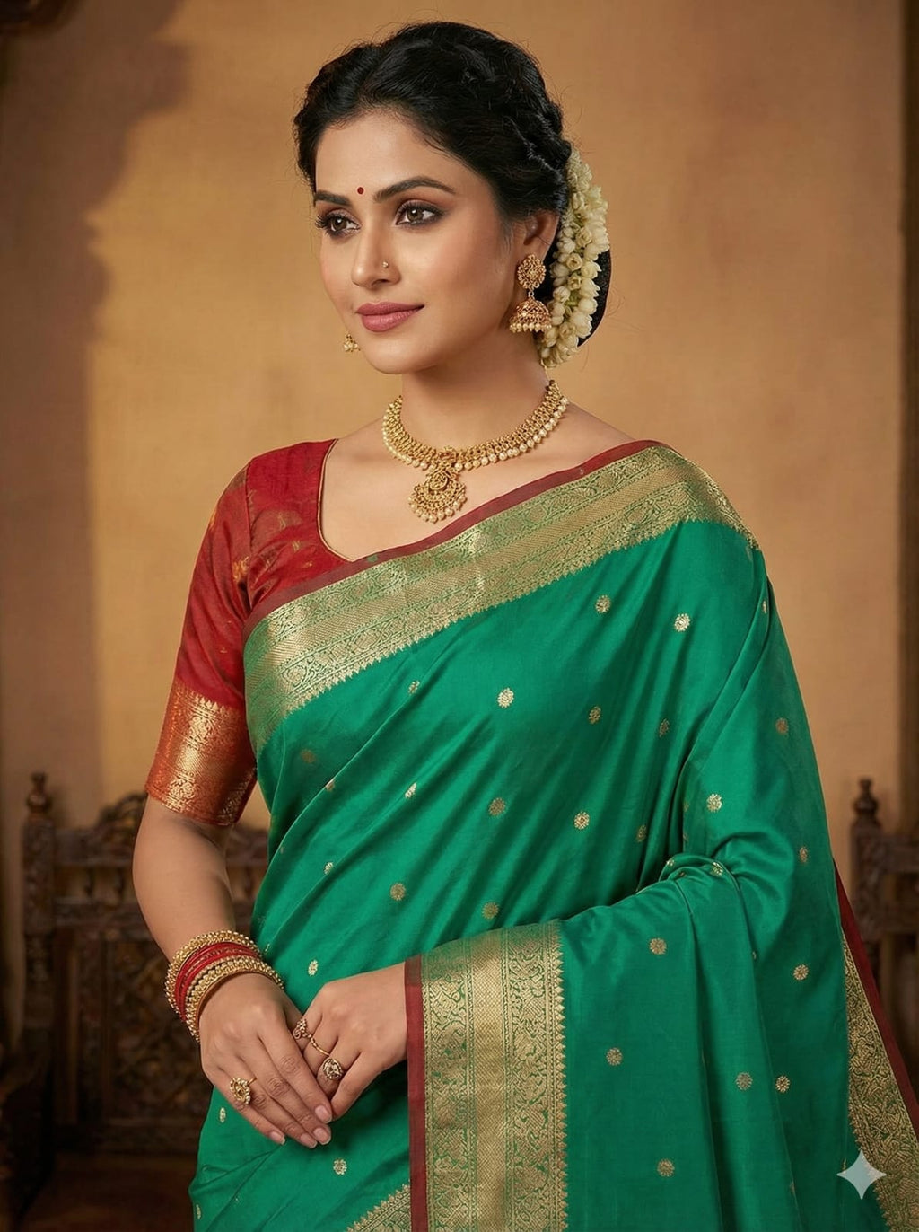 Elegant Weaves Traditional Green and Red Silk Saree with Gold Accents