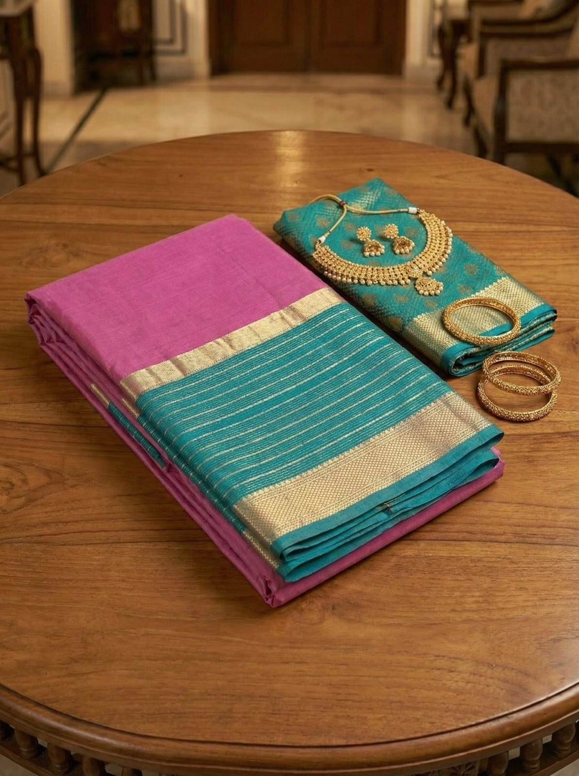 Elegant Drapes Pink and Teal Silk Saree with Gold Border
