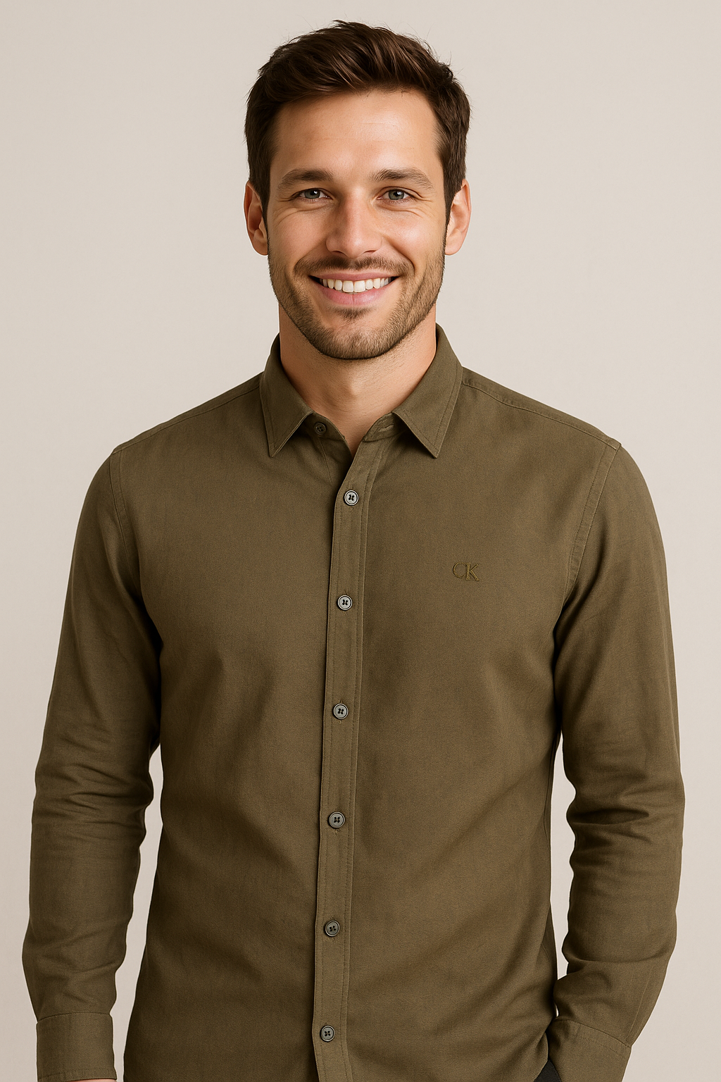 CALVIN KLEIN Earthy Olive Textured Slim Fit Long Sleeve Shirt