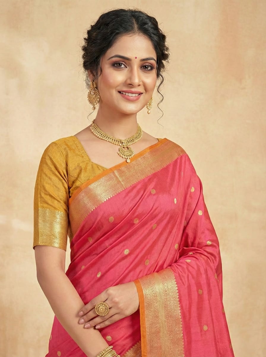 Elegant Weaves Pink and Gold Silk Saree with Polka Dots