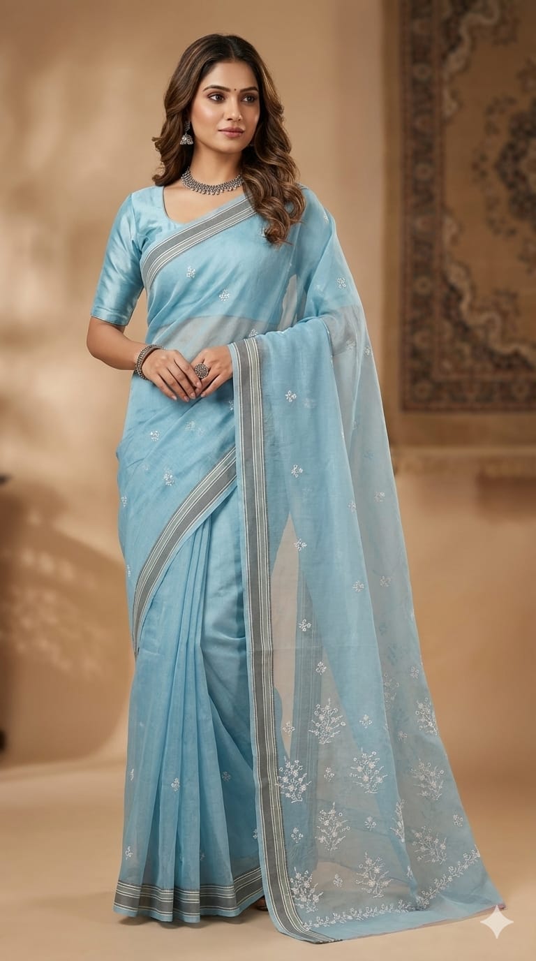 Elegant Threads Embroidered Blue Cotton Sari with Silver Stripes