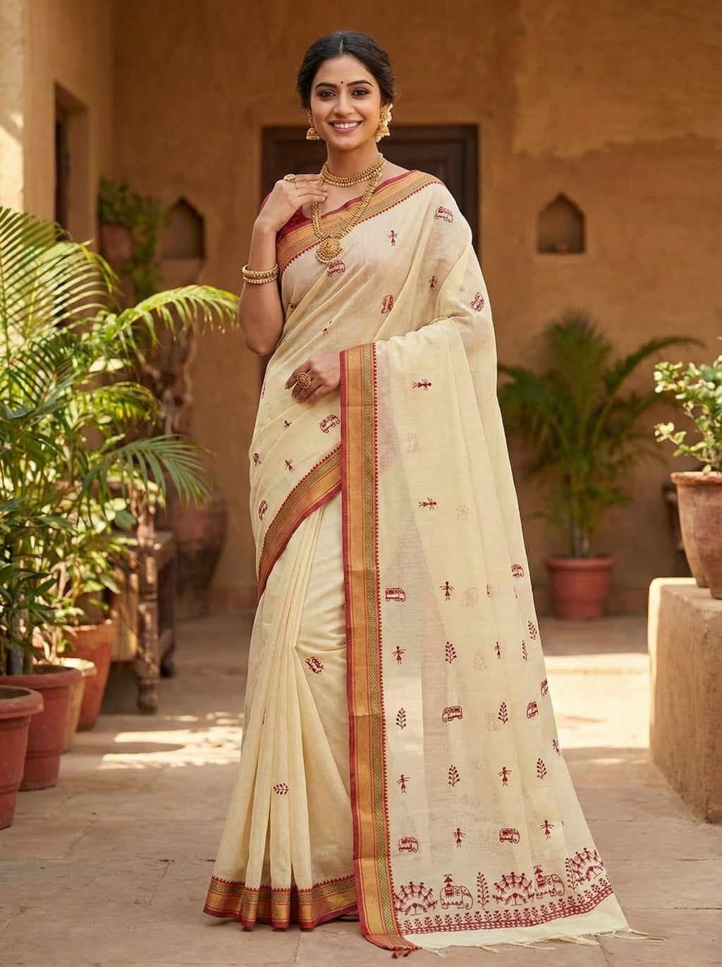 Ethnic Elegance Handcrafted Cream Cotton Saree with Intricate Embroidery