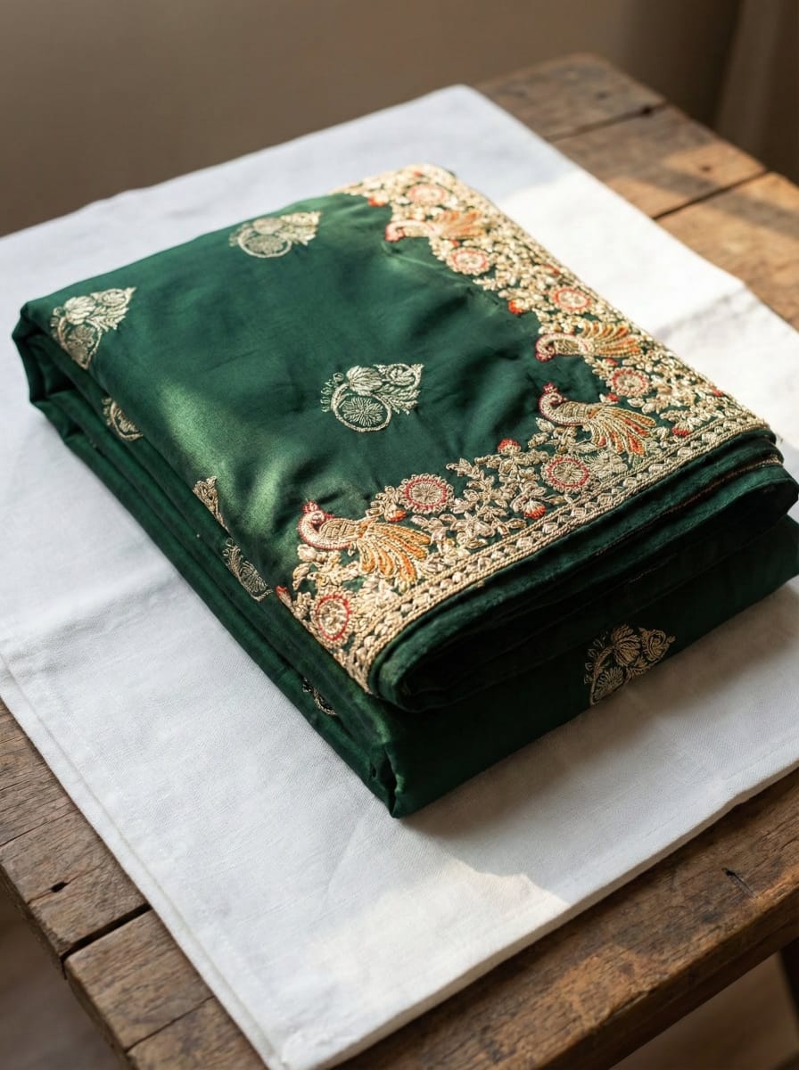 Elegant Ethnic Green Embroidered Silk Saree with Golden Border