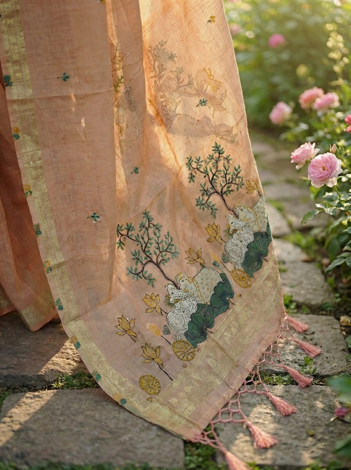 Elegant Threads Embroidered Peach Linen Cotton Saree with Floral Border