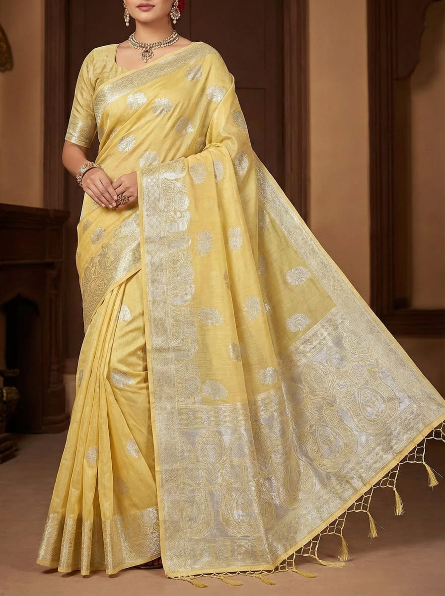 Elegant Weaves Yellow Silk Saree with Silver Embroidery