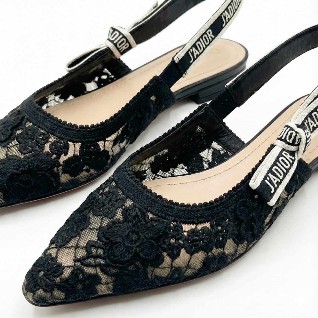 DIOR Lace Slingback Flats with Logo Strap
