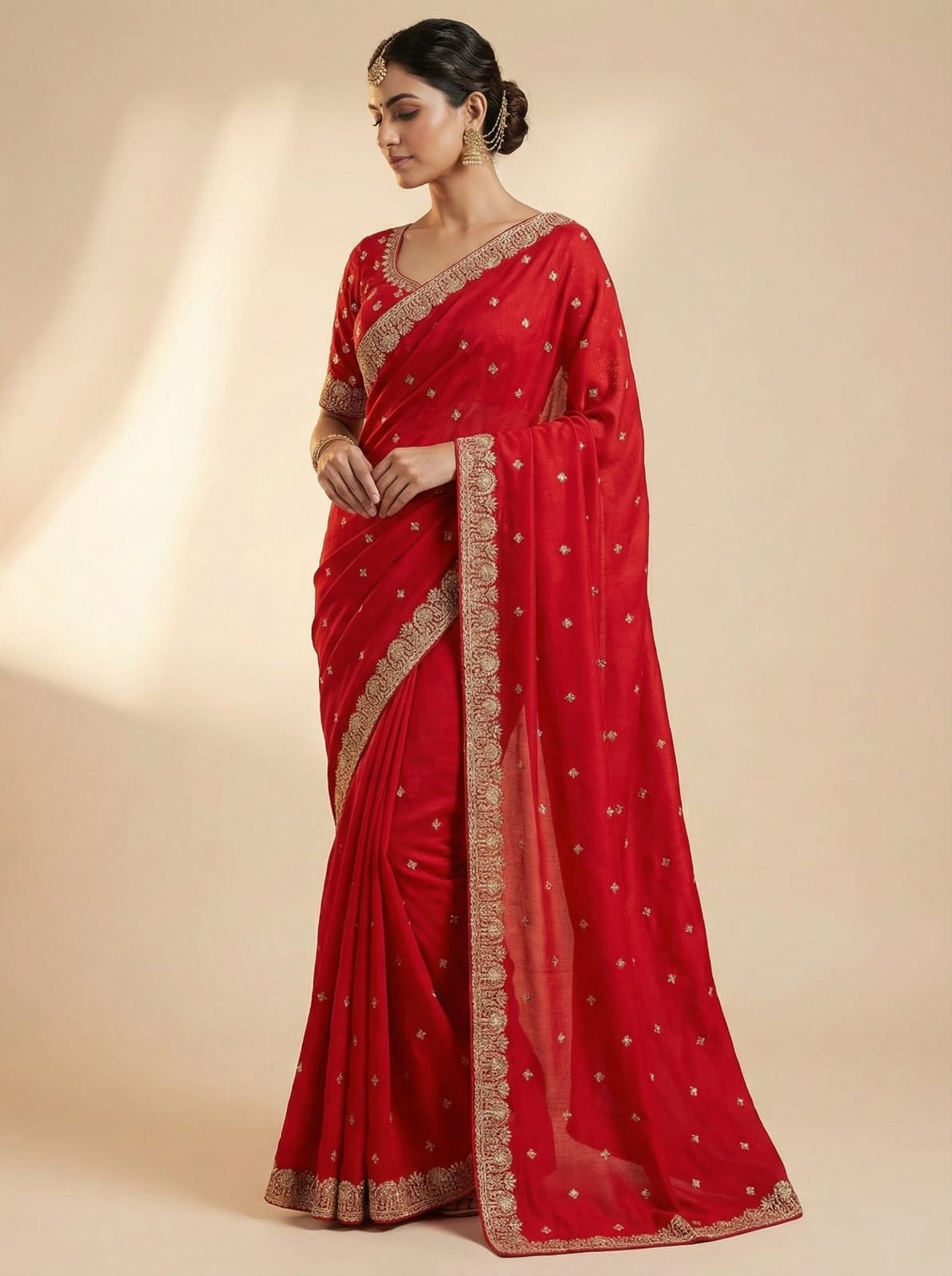 Elegant Attire Red Cotton Embroidered Saree with Golden Detailing