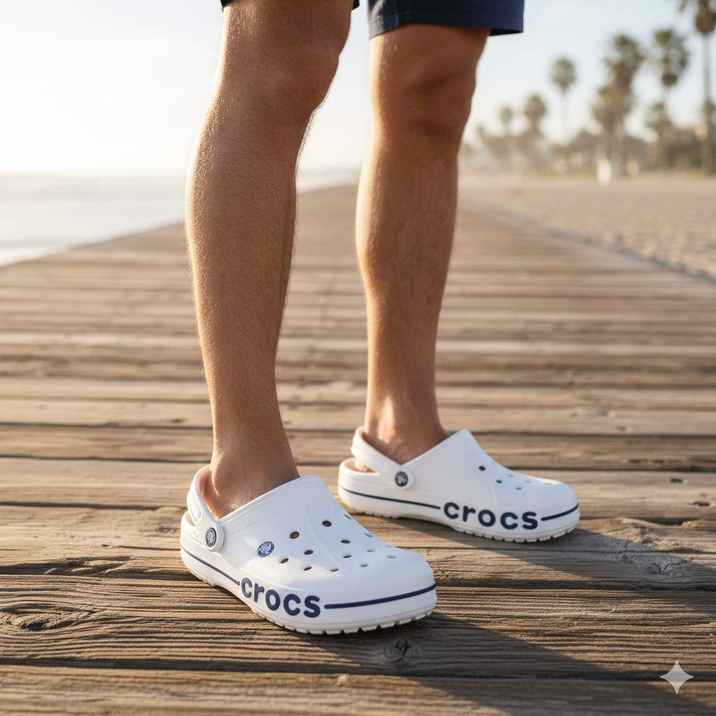 Crocs Classic Clogs in White with Navy Logo