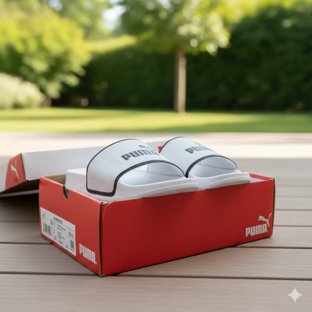 PUMA Slide Sandals in White with Black Trim