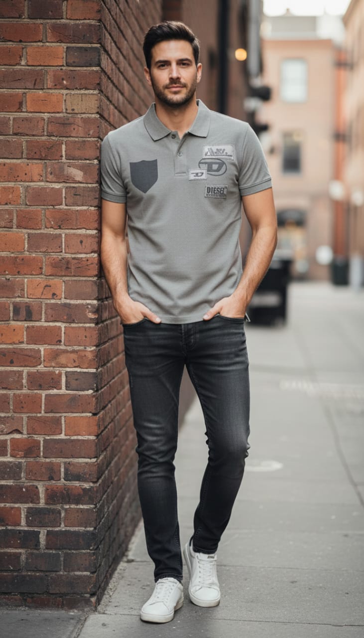 DIESEL Steel Mist Urban Graphic Slim Fit Piqué Polo Shirt