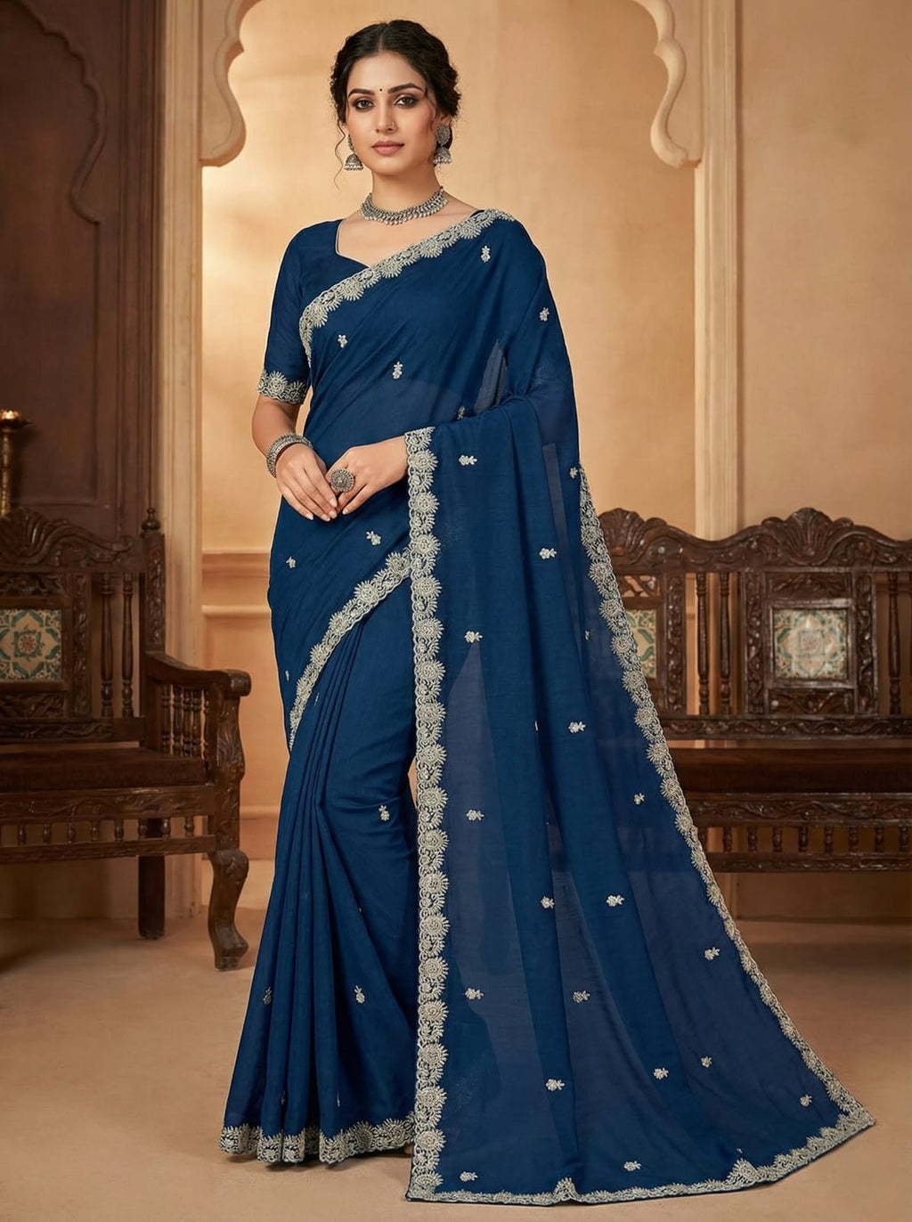 Elegant Attire Navy Blue Cotton Embroidered Saree with Blouse