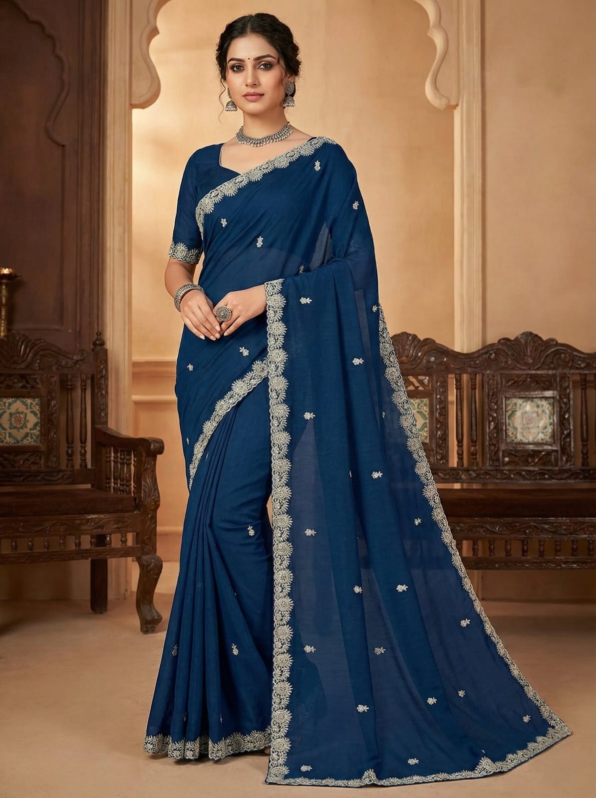 Elegant Attire Navy Blue Cotton Embroidered Saree with Blouse