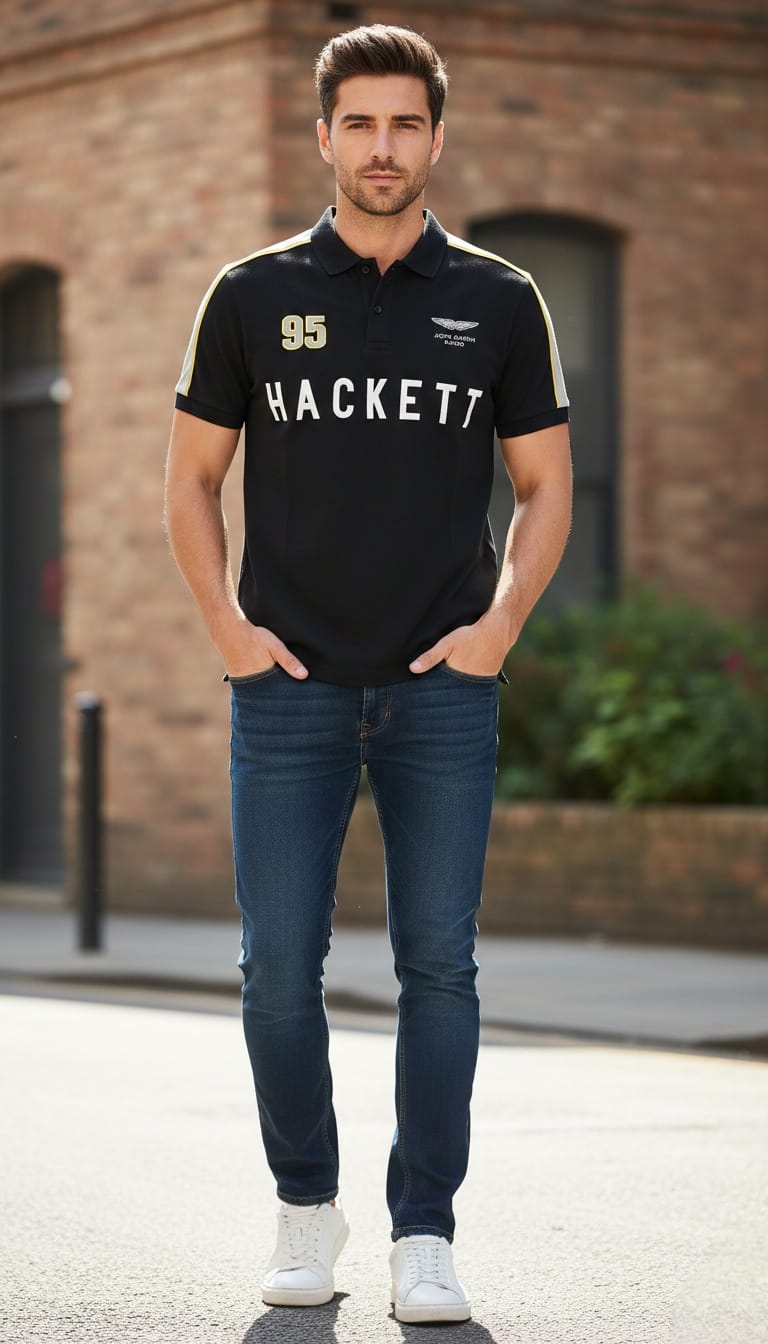 HACKETT Aston Martin Racing Polo Shirt - Black with Gold Accents