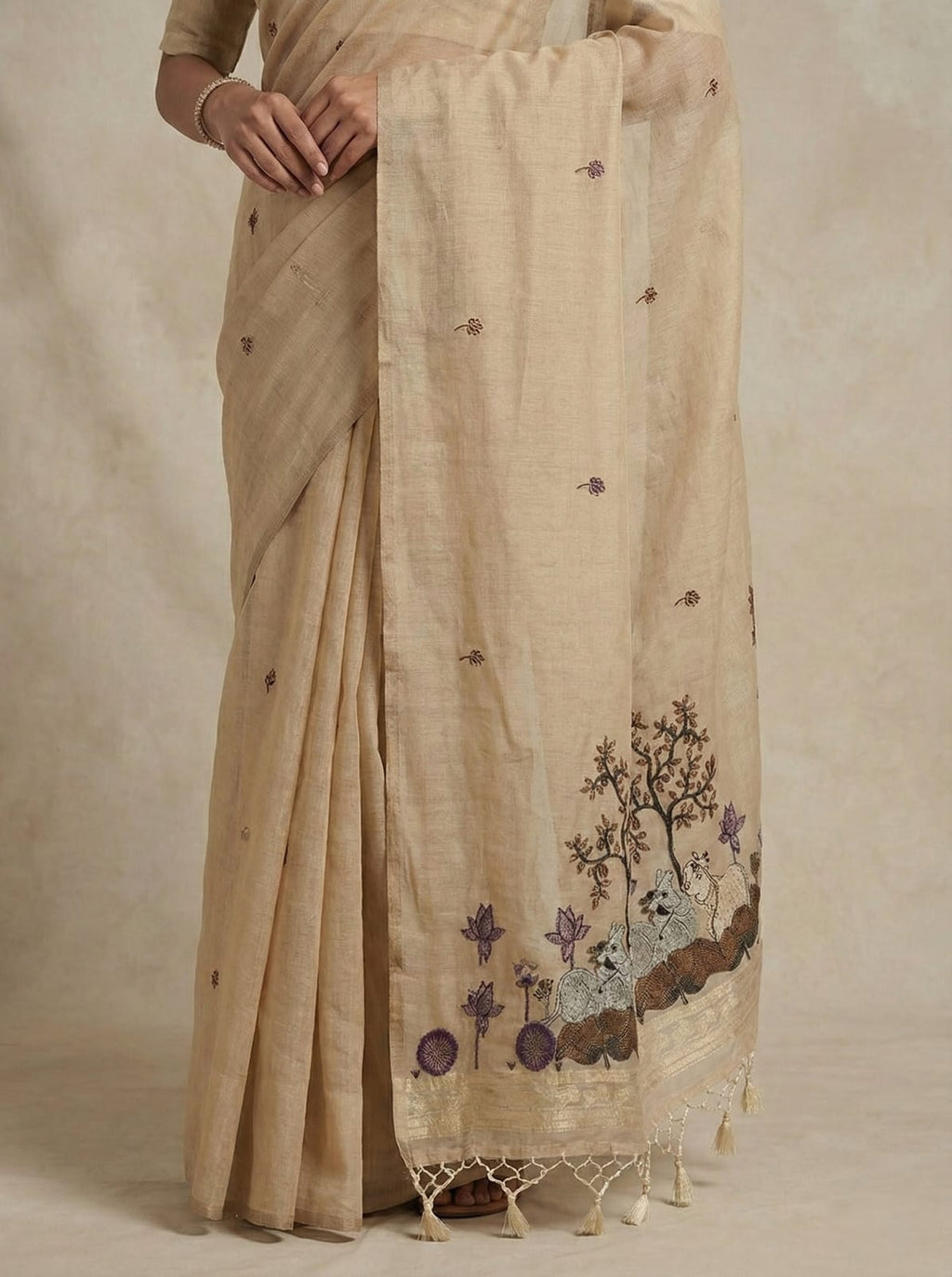 Elegant Threads Embroidered Linen Saree with Floral Motifs