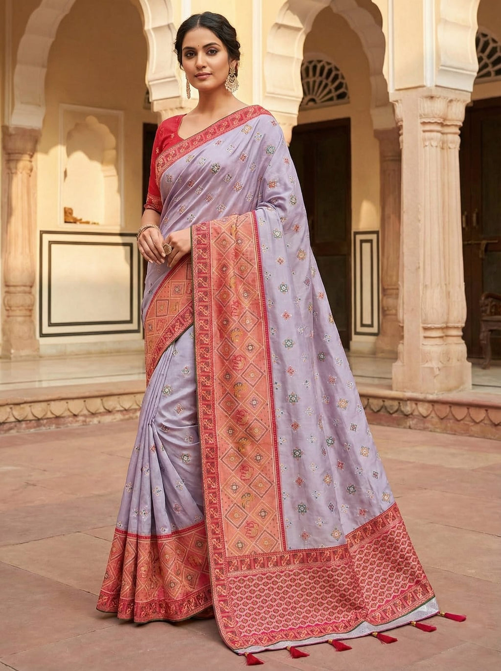 ETHNIC ELEGANCE Celestial Lavender Luxe Floral-Embroidered Saree with Regal Trim