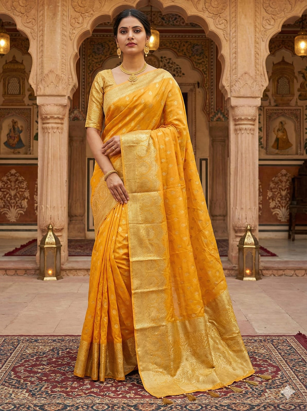 Ethnic Elegance Golden Yellow Silk Saree with Intricate Weave
