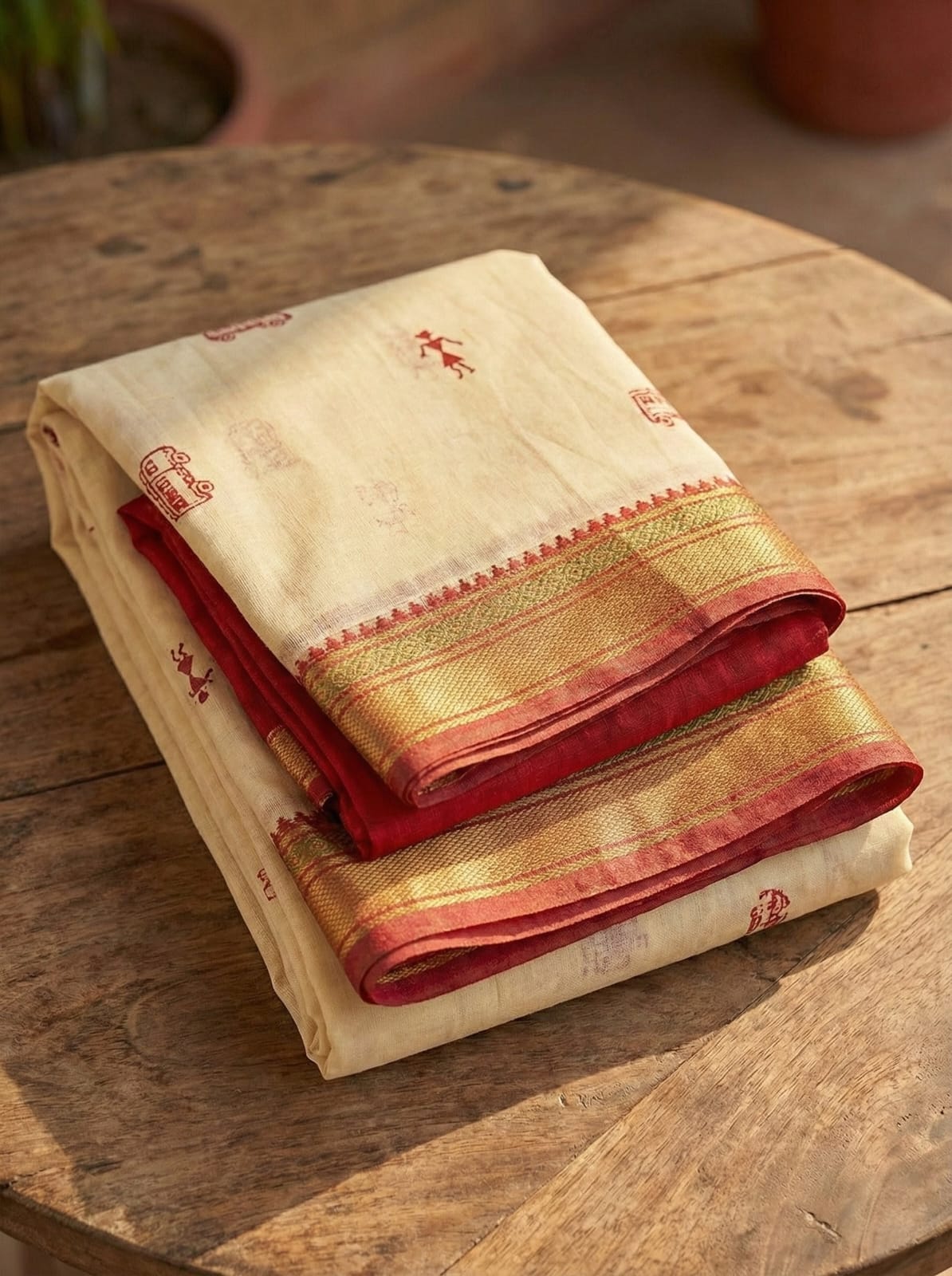 Ethnic Elegance Handcrafted Cream Cotton Saree with Intricate Embroidery