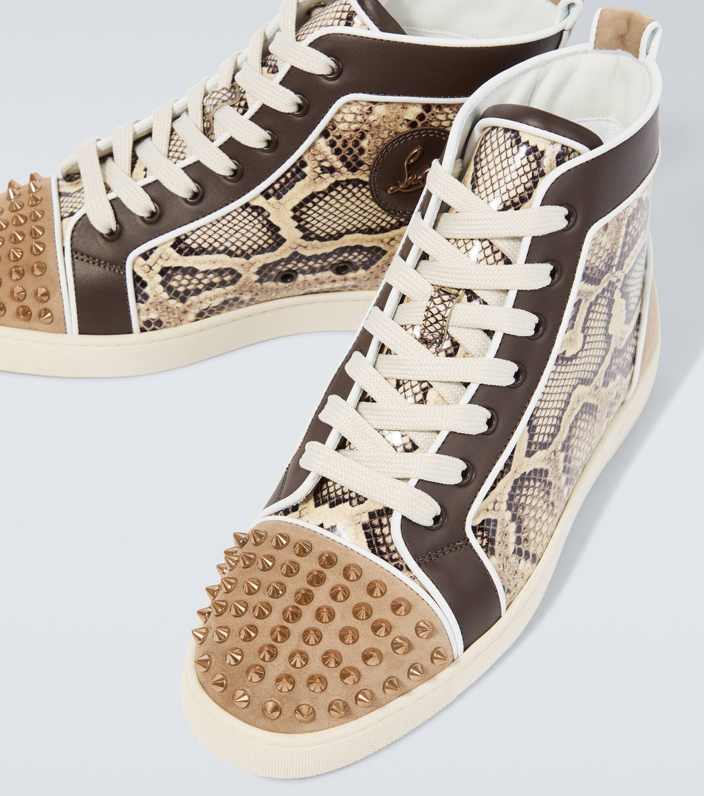 CHRISTIAN LOUBOUTIN Sunlit Sand Luxe Python-Print High-Top Sneakers with Studded Toe