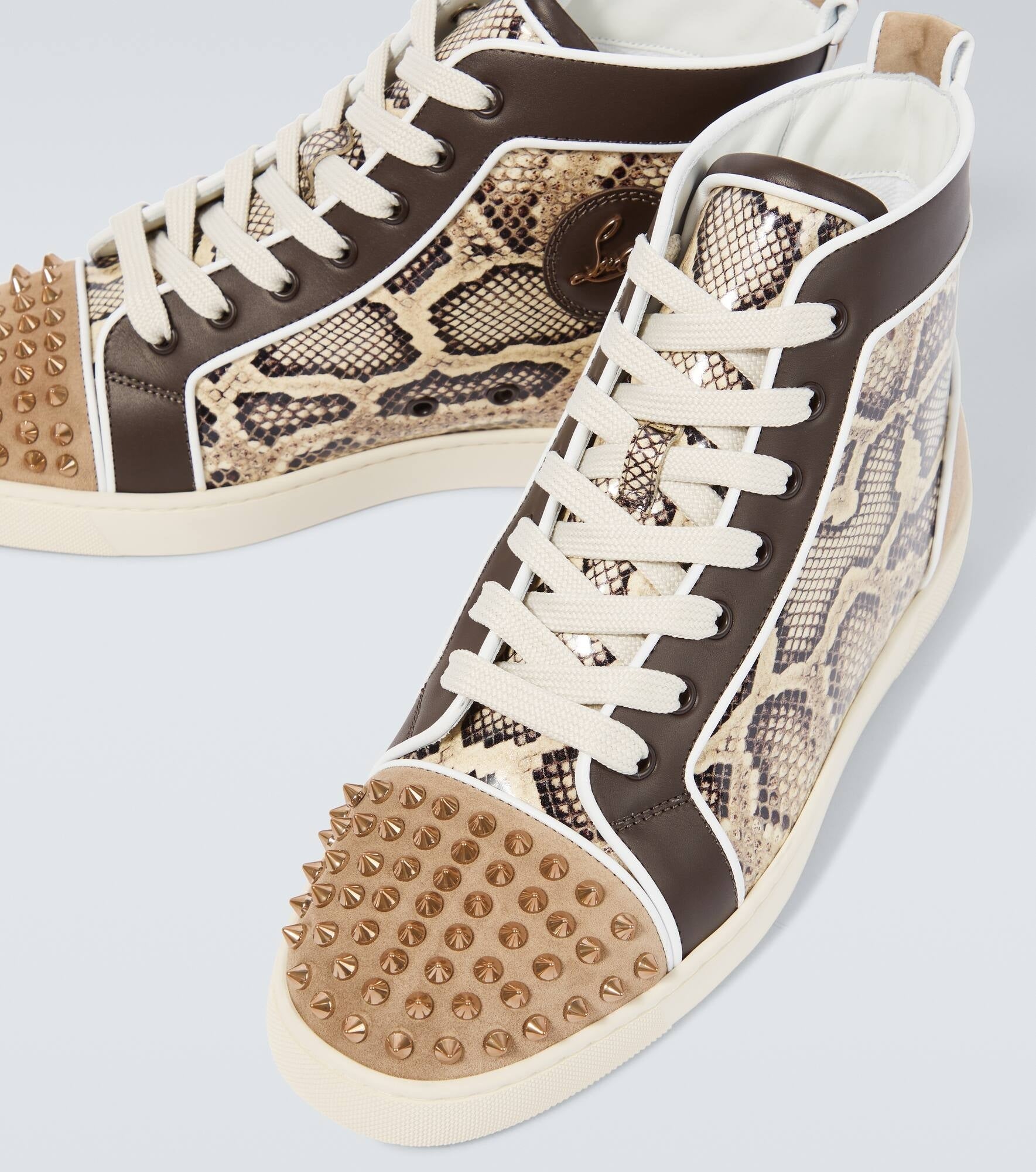 CHRISTIAN LOUBOUTIN Sunlit Sand Luxe Python-Print High-Top Sneakers with Studded Toe