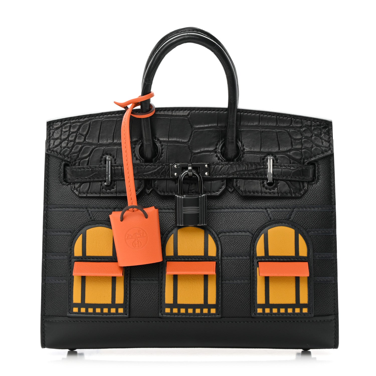 HERMÈS Starlit Onyx Exquisite Crocodile-Effect Leather Handbag with Vibrant Accents