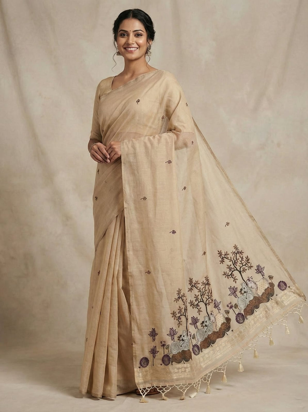Elegant Threads Embroidered Linen Saree with Floral Motifs