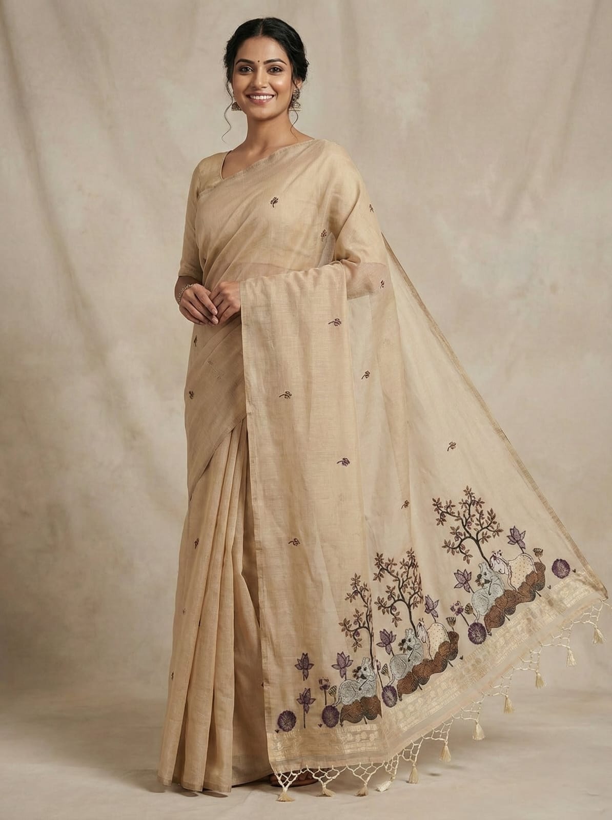 Elegant Threads Embroidered Linen Saree with Floral Motifs