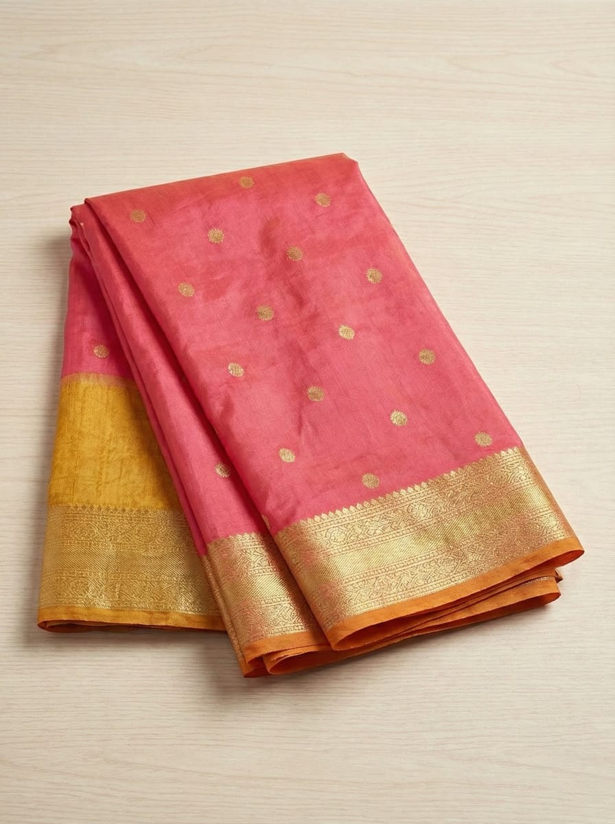 Elegant Weaves Pink and Gold Silk Saree with Polka Dots
