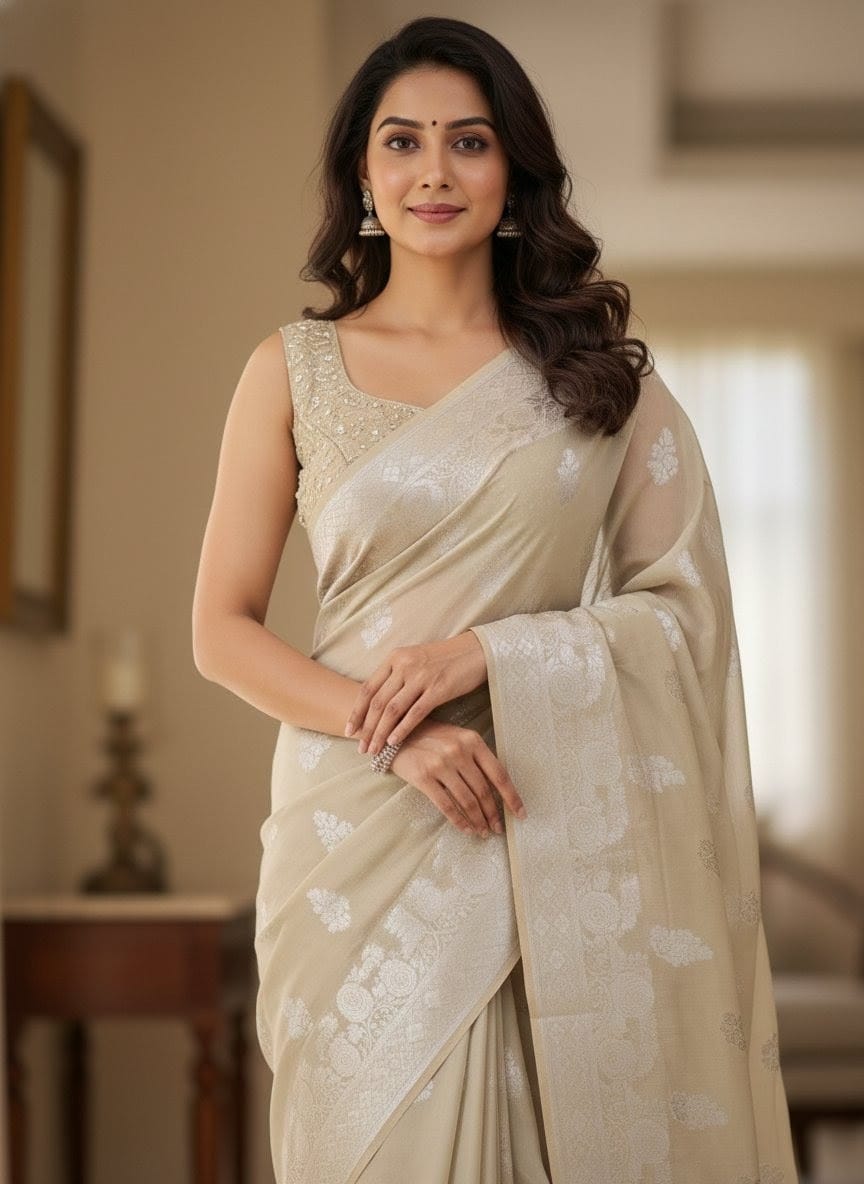 Elegant Weaves Luxe Beige Silk Saree with Embellished Blouse