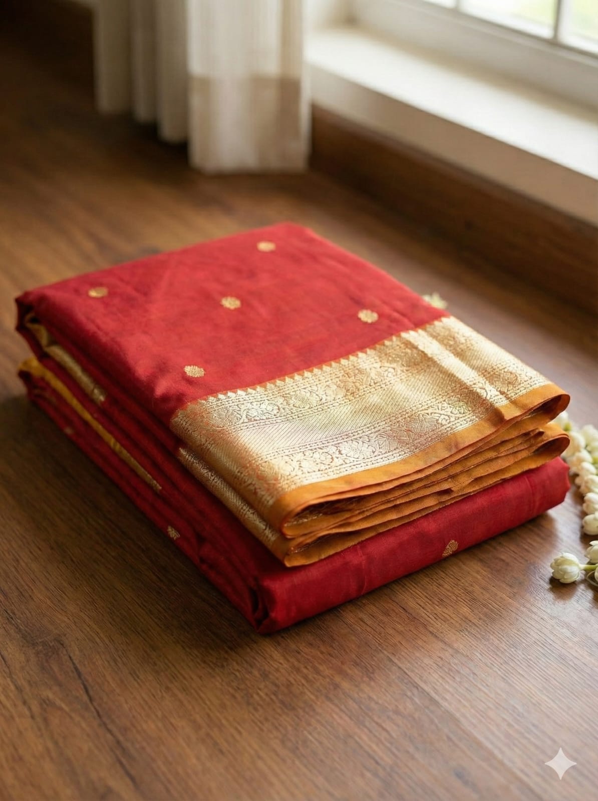 Elegant Drapes Red and Gold Polka Dot Silk Saree