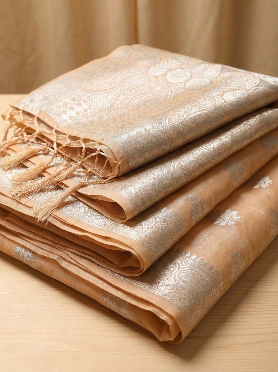 Elegant Weaves Golden Silk Saree with Silver Zari Embroidery