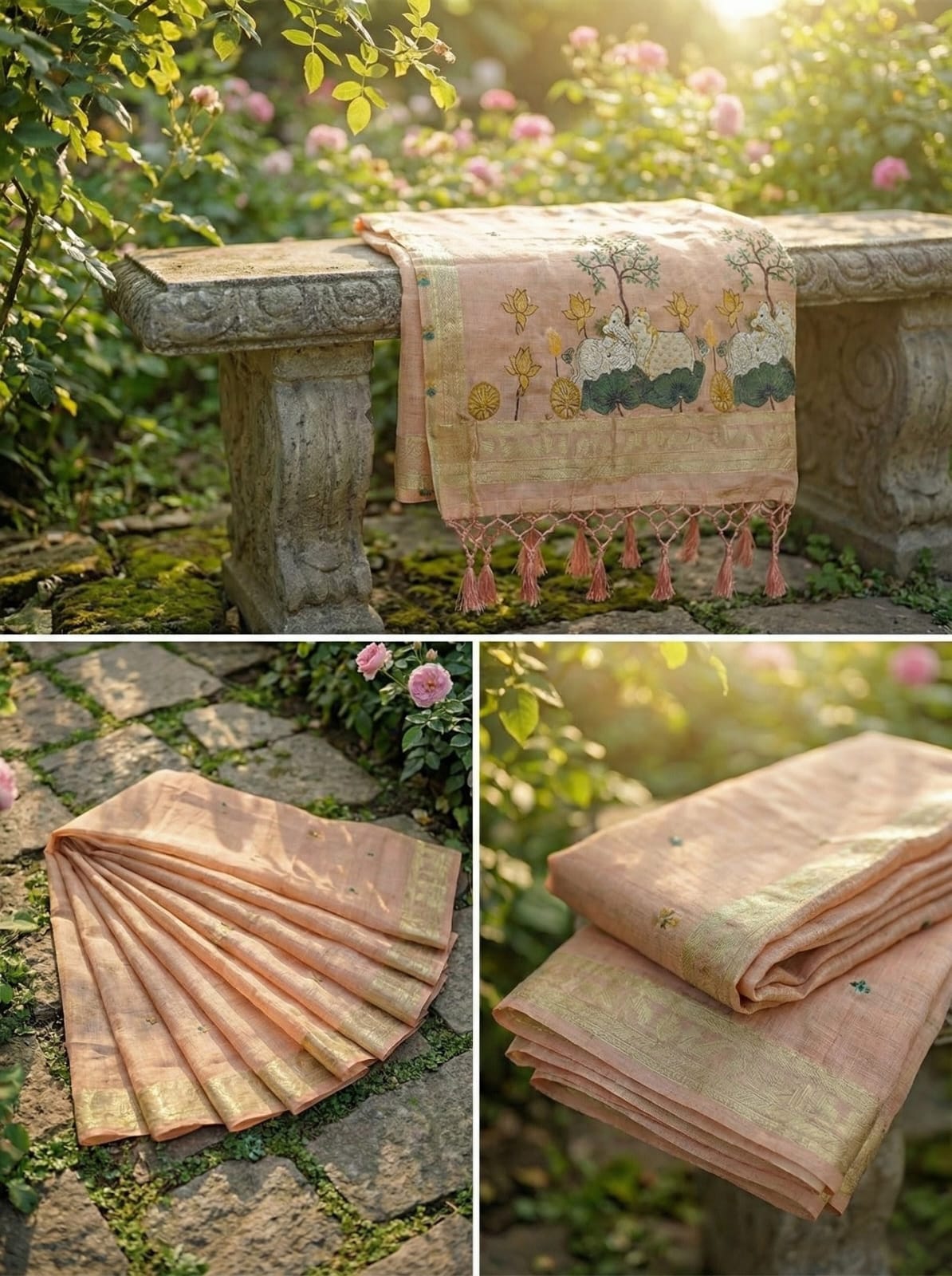 Elegant Threads Embroidered Peach Linen Cotton Saree with Floral Border