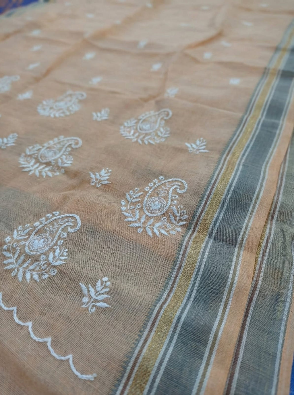 Elegant Weaves Handcrafted Embroidered Orange Cotton Saree with Intricate Detailing