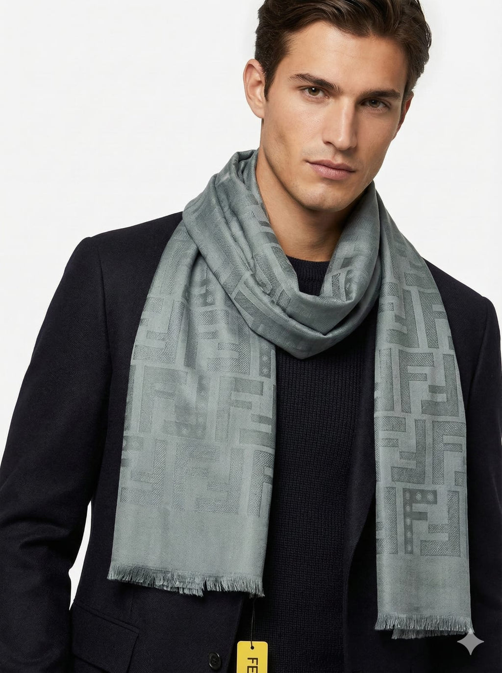 Fendi Monogram Textured Cashmere Blend Scarf in Grey