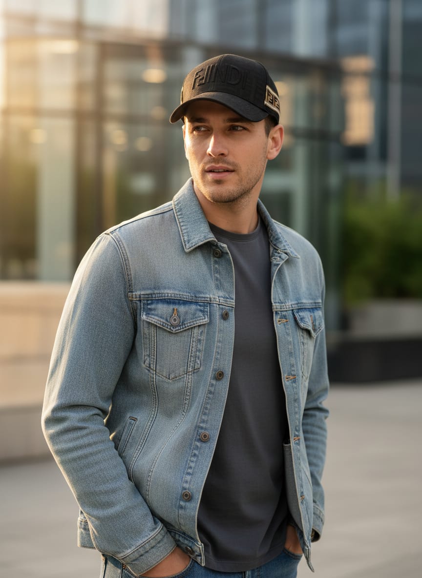 FINDIE Ethereal Mist Classic Fit Denim Jacket & Luxe Embroidered Cap Set