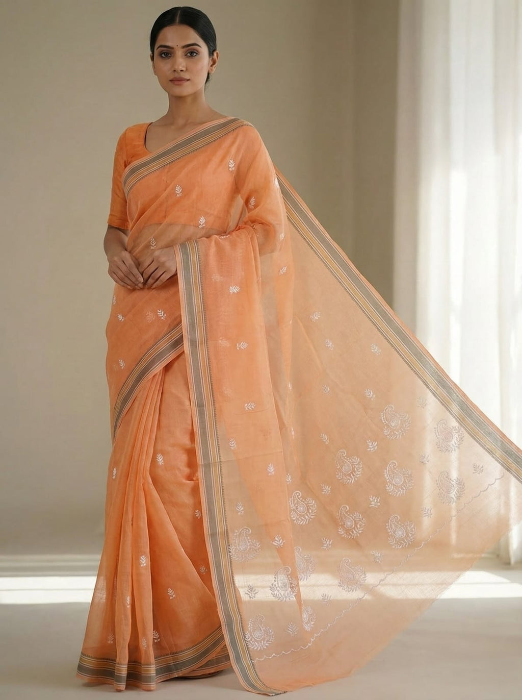 Elegant Weaves Handcrafted Embroidered Orange Cotton Saree with Intricate Detailing